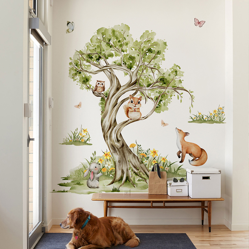 Baby Nursery Jungle Wallpaper - Watercolor Forest Large Tree Animals Wall