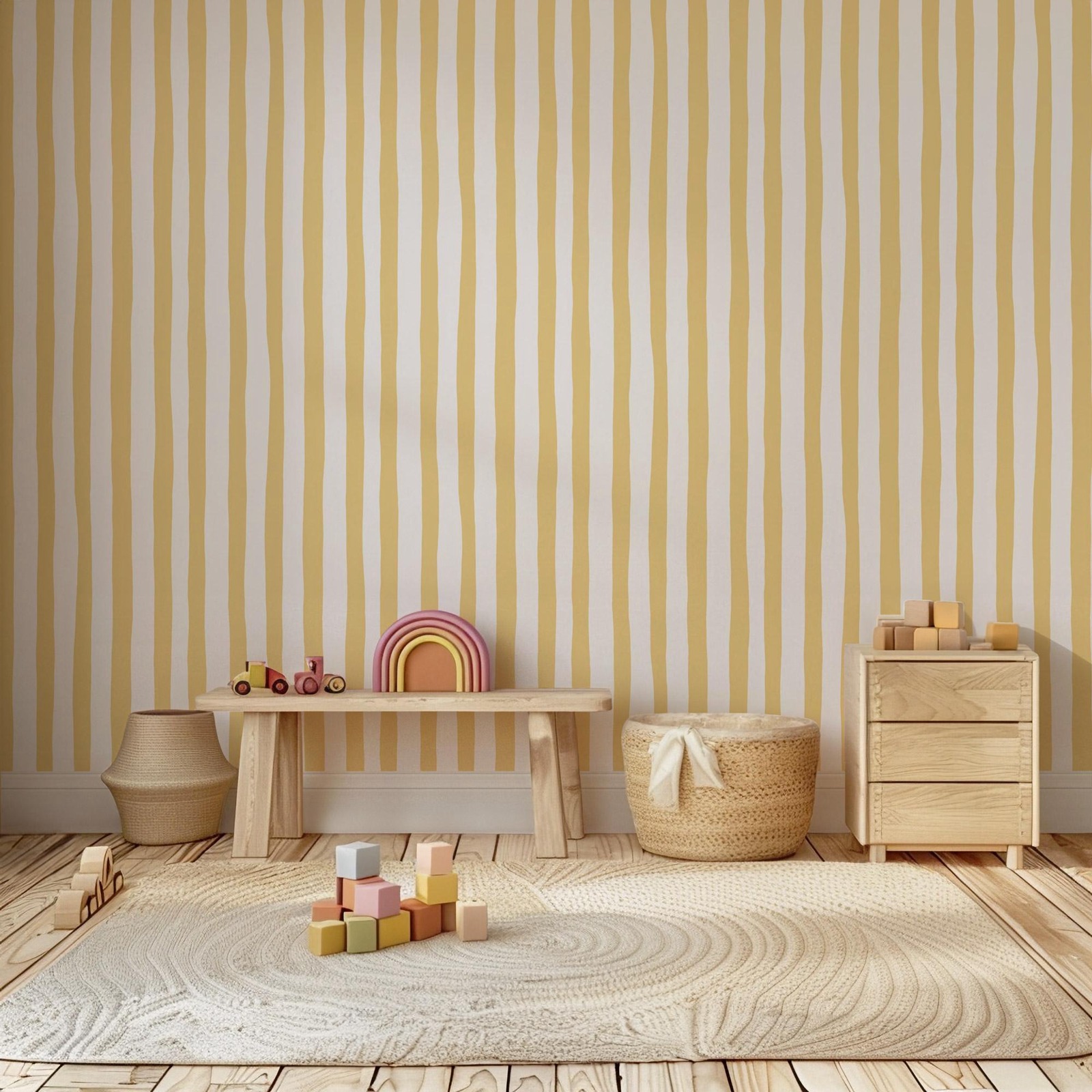 Sunshine Yellow Wobbly Stripes - đánh giá và giá Baby Nursery Yellow Walls