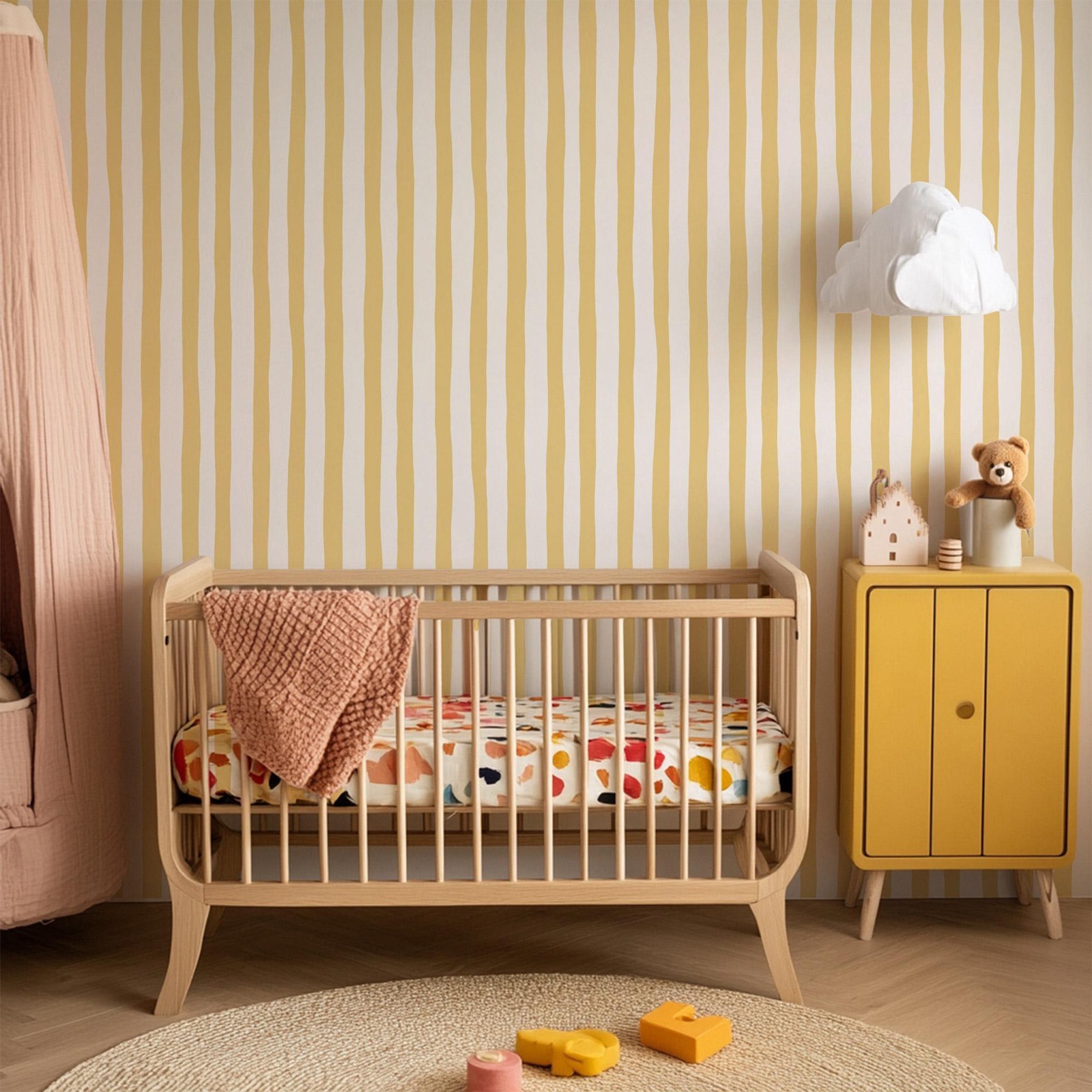 Sunshine Yellow Wobbly Stripes - đánh giá và giá Baby Nursery Yellow Walls